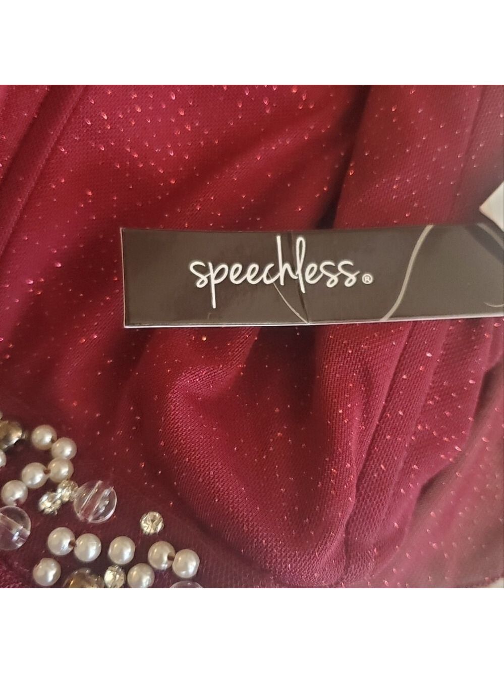 SPEECHLESS Burgundy Glitter Sheer Evening Gown Size 9 Beaded Flowing  Faux pearl - Picture 10 of 17